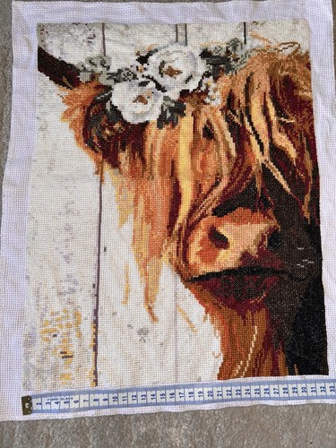 Finished Cross stitch Highland Cow With Flowers
