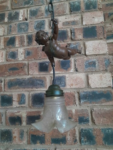 Vintage Resin Bronze Effect Cherub Ceiling Light & Glass Shade Home Cottage - Picture 7 of 8