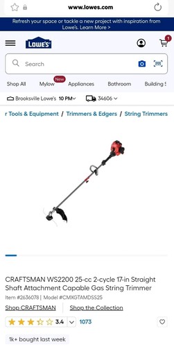 Craftsman WS2200 25cc 2-cycle Straight Shaft Attachment Capable String Trimmer - Picture 7 of 14
