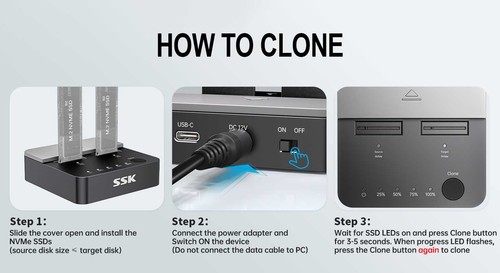 SSK DK201 NVMe Cloner M.2 Duplicador Doble Bahía Caja Herramienta-Sin 20 Gbps USB3.2 - Imagen 8 de 11