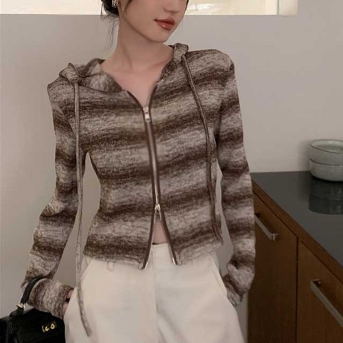 Casual Contrast Striped Zip Up Hooded Sweater for Female Spring Autumn - Picture 10 of 28