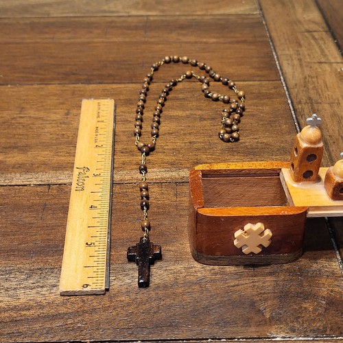Box, Trinket Olive Wood,Sliding Lid W/ Rosary, Vintage - Picture 4 of 10