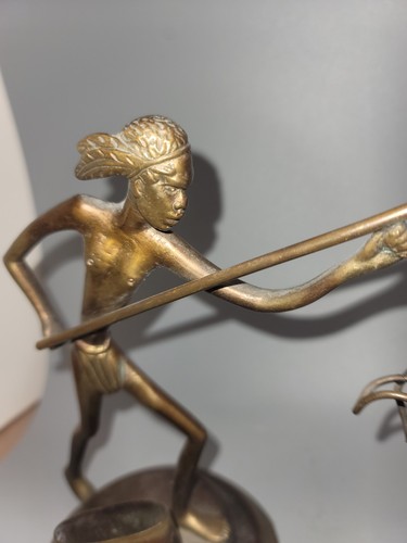 Vintage Art Deco Native Indian With Spear MatchSafe Ash Bronze & Brass 7.5" Tall - Picture 3 of 9