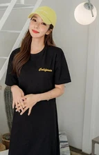 Korea Band-Waist T-Shirt Dress Short Sleeve Slit California Cotton O/S NEW Black