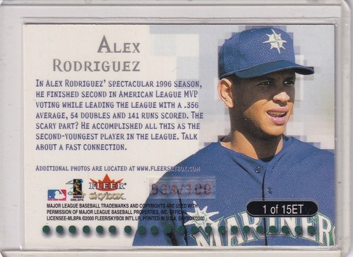Alex Rodriguez 034/100 Mariners / Yankees 1999 Skybox Star Ruby E-Ticket #1ET - Picture 2 of 2