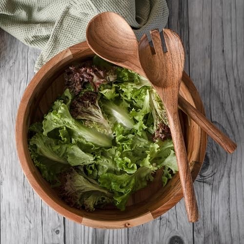 12" Wooden Salad Bowl Set with Serving Utensils Eco-Friendly, Natural Large - Picture 6 of 8