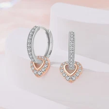 KUNSIR 925 Sterling Silver Two-tone Silver Pave Accent Heart Hoop Earrings Women