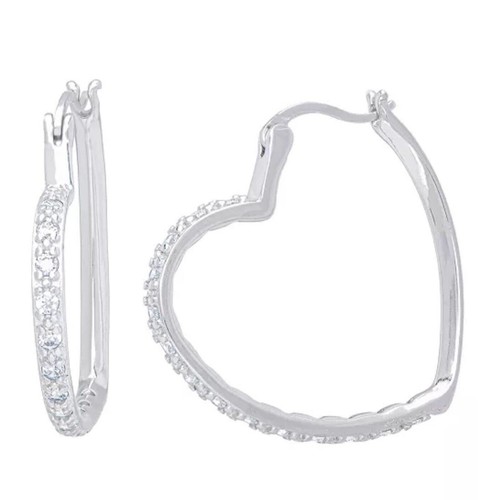 Heart Hoop Earrings Silver Plated Fashion Shiny Stylish Trendy Chic CZ NWT - Picture 3 of 10
