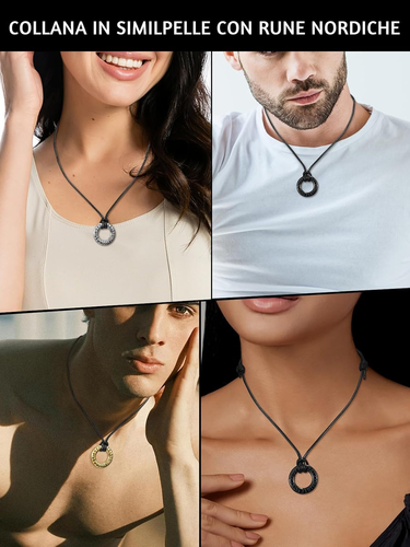 Collana Rune Vichinghe Uomo Intrecciata 3Mm Pelle Collana Con Oro Argento Nero R - Foto 3 di 12