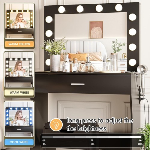 Makeup Vanity Desk with Mirror and 12 Lights 3 Color Modes Vanity Table Charging - Picture 36 of 40