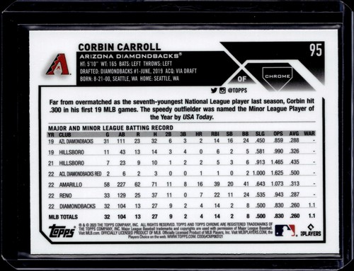 Corbin Carroll 2023 Topps Chrome #95 Arizona Diamondbacks - Picture 2 of 2