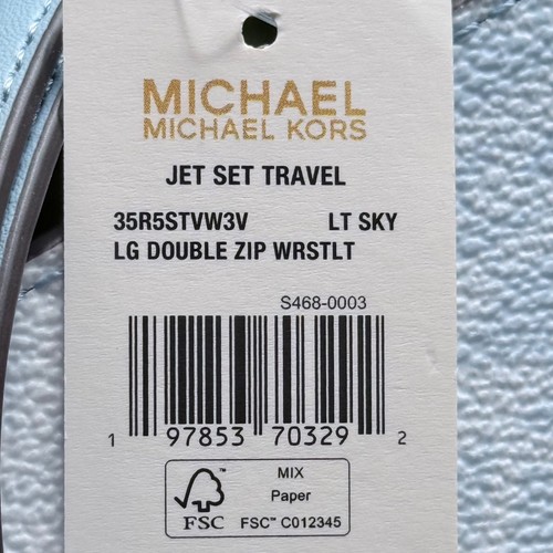 Michael Kors Jet Set Travel Double Zip Wristlet Wallet MK Logo Light Sky - Picture 10 of 11