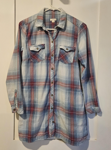 J Jill Jeanskleid Damen XS blau rot kariert Knopfleiste Shirt Tunika Taschen - Bild 1 von 10
