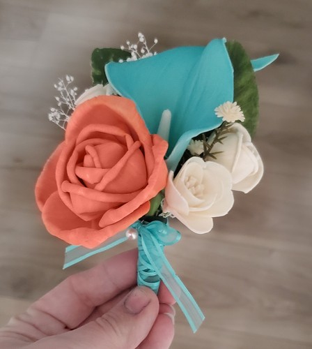 Calla Lily Bridal Bouquet Wedding Cascade Turquoise Coral Sola Wood Bridesmaid - Picture 10 of 12