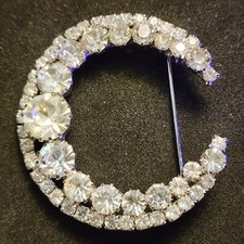 Pauline Trigère Rhinestone Brooch Bilevel Crescent Clear Yellow Flash Signed VTG