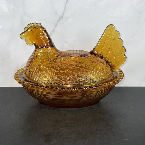 Vintage Indiana Glas Henne auf Nest goldener Bernstein bedeckt Perlenrand 7" Süßigkeitenschale - Bild 1 von 12