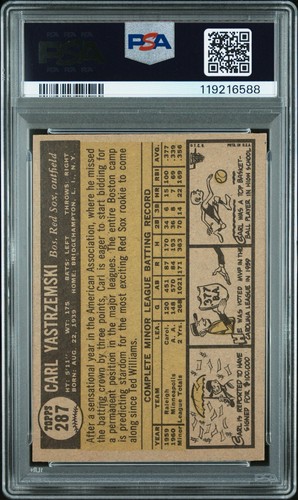 1961 TOPPS #287 CARL YASTRZEMSKI STAR ROOKIE NEAR MINT PSA 7 (BEAUTIFUL CARD!) - Picture 2 of 2