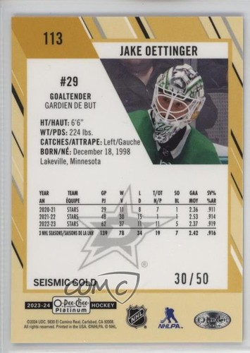 2023-24 O-Pee-Chee platino oro sísmico/50 Jake Oettinger #113 - Imagen 2 de 3