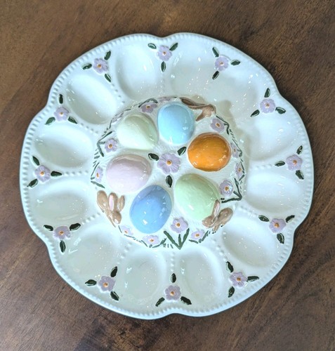 Vintage Ceramic Egg Platter Plate Hand Painted Glazed Holds 12 Eggs Easter Bunny - Picture 1 of 6