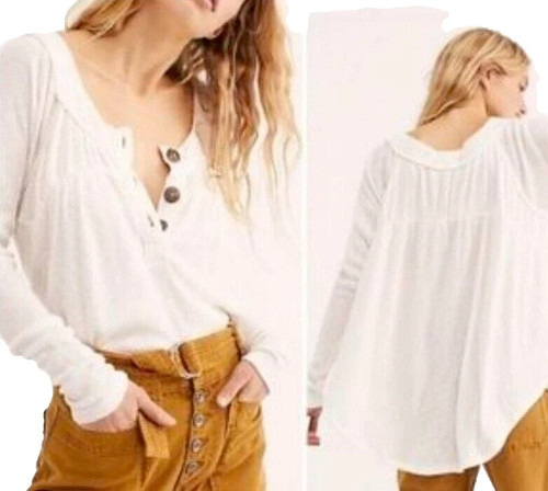 Free People We the Free Henley Top Waffle Knit Long Sleeve Wood Buttons Sz XS - Picture 2 of 7