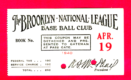 1940 VINTAGE FULL TICKET! 4/19/40 BKN DODGERS/NY GIANTS OPENING DAY