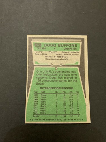 1974 Chicago Bears Doug Buffone 97 Topps Football Card - Picture 2 of 2