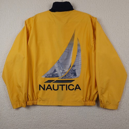 Vintage Nautica Jacket Mens Large Yellow Sailboat Windbreaker Hidden Hood 90s