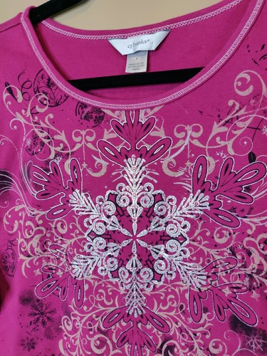 CJ Banks women's X t-shirt pink floral round neck 3/4 sleeve metallic beaded - Imagen 5 de 7