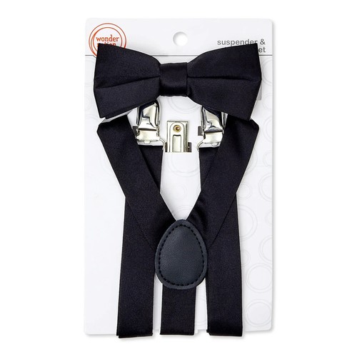 Wonder Nation Suspender and Bow Tie Boys Black Strong Clip Elastic Band 2-Piece - Picture 1 of 3