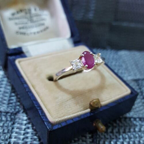 925 Sterling Silver Ring, Genuine Ruby And Topaz Trilogy Ring, Size N.5 US 7 - Picture 3 of 7