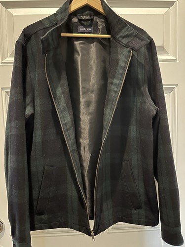 Lands End Men XL Wool Blend Coat Zip Jacket Plaid Green Navy Blue Vintage Prep - Picture 7 of 9