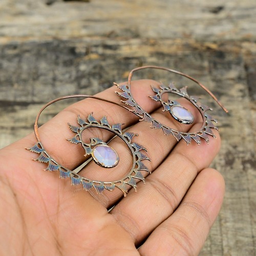 Copper Milky Opal Gemstone New Electroformed Daughter Handmade Dangling Earrings - Picture 4 of 6