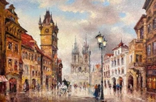Vintage Art Style Oil painting Prague cityscape signed Classic artist artwork