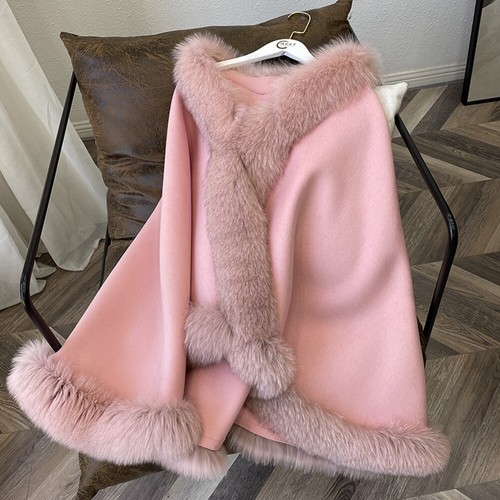 Women's Fur Coats Woolens Shawl Real Fox Fur Trim Around Cloak Fur Ponchos Wraps - Picture 11 of 50