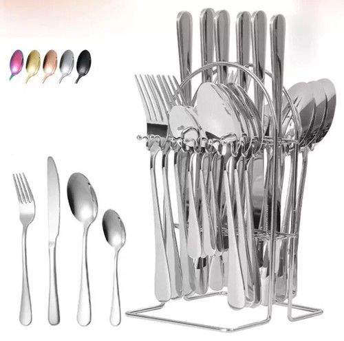 24PC CUTLERY DINNER SET STAINLESS STEEL METAL STAND RACK FORKS TEA SPOONS - Picture 4 of 7