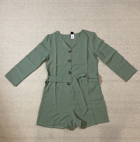 Brillt Sage Green Romper Shorts Jumper 3/4 Sleeve Button Down Overall - Picture 2 of 5