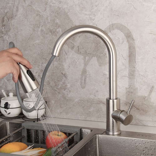 Grifo mezclador de fregadero de cocina giratorio extraíble de 2 funciones de níquel cepillado 1 orificio grifos - Imagen 3 de 12