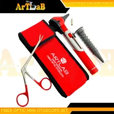 FIBER OPTIC Otoscope Examination LED Diagnostic ENT SET +1BULB+1EAR NOSE FCP-RED