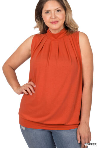 1X 2X 3X Scrunched Mock Turtle Neck Pleated Sleeveless Top Elastic Waist Tank - Picture 15 of 37