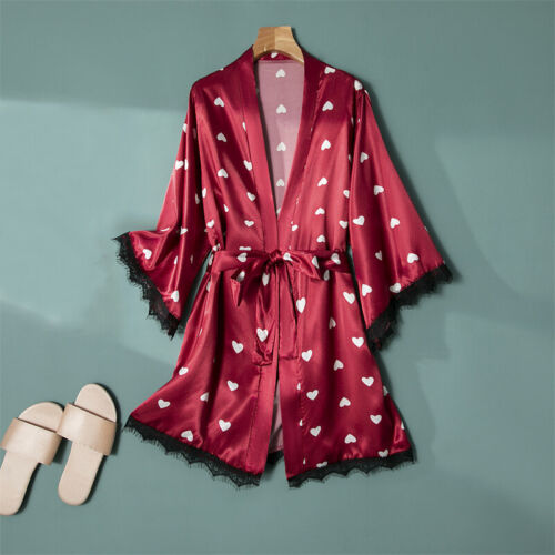 Lady Satin Faux Silk Bathrobe Yukata Kimono Heart Shaped Lace Trim Sleepwear - Zdjęcie 1 z 12