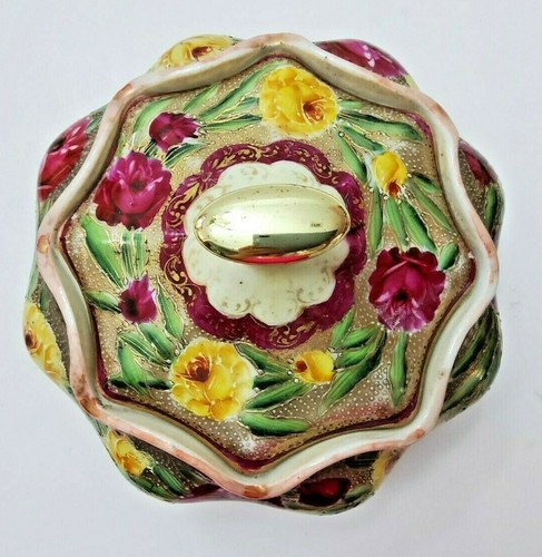 ANTIQUE BEAUTIFUL TUREEN WITH LID RED AND YELLOW CABBAGE ROSES HEAVY GOLD GILT - Picture 10 of 12