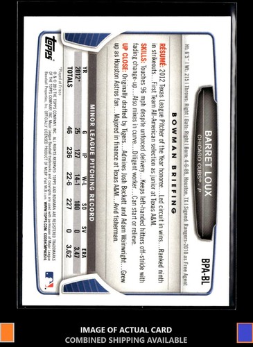 2013 Bowman #BPA-BL Barret Loux Prospect Autographs Auto Cubs - Bild 2 von 2