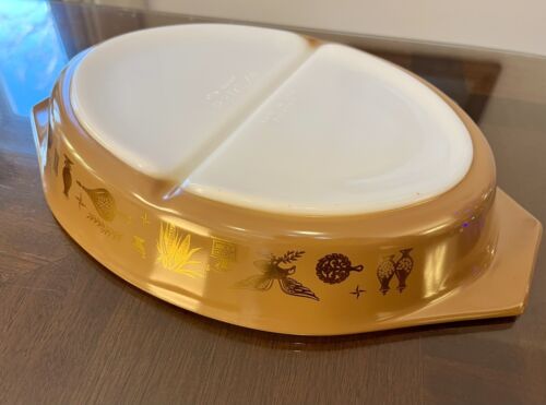 Vintage PYREX Early American 1.5qt Divided Casseroles Set Brown/Gold Amazing Cnd - Picture 9 of 24