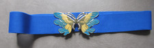 Vintage 80's Butterfly Buckle Blue 2" Elastic Stretch Waist Belt Women 31" Long