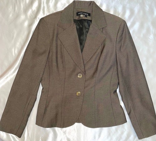 2 Piece Anne Klein Classy Power Suit 100% Virgin Wool Jacket Skirt Brown Small 4 - Picture 5 of 11