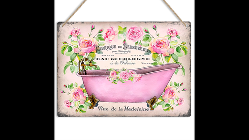French Vintage Shabby Chic Bathtub Metal Sign Retro Style Bathroom Wall Plaque - Video 1 of 1
