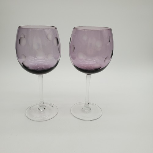 2 Purple Waterford Marquis Etched Polka Dot Wine Glasses - Picture 2 of 6