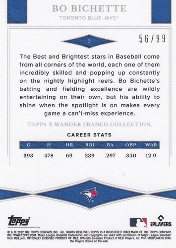Bo Bichette BLUE JAYS 2022 TOPPS X Wander Franco 9 Best & Brightest GREEN 56/99 - Picture 3 of 5