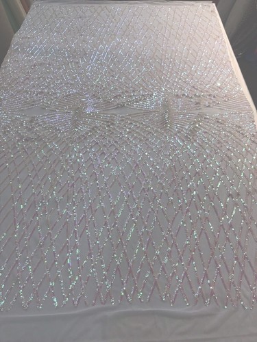 IRIDESCENT PINK SEQUINS DIAMOND DESIGN EMBROIDERY ON A 4 WAY STRETCH MESH-1YARD - Picture 1 of 8