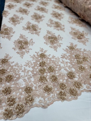Champagne Handmade Embroidery Lace Fabric By The Yard 3d Floral Lace For Dress - Picture 6 of 14